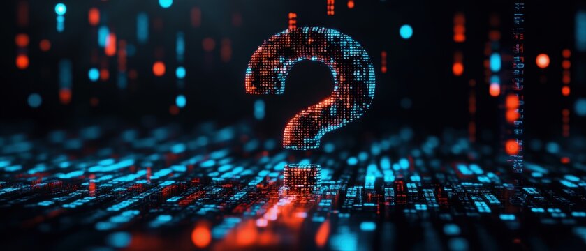 A glowing question mark stands out against a vibrant digital background, symbolizing inquiry and exploration in technology.