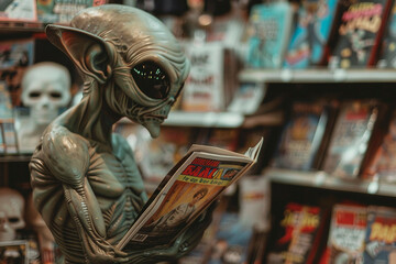 UFO space visitor alien on Earth living human life with everyday routine staff, Generative AI