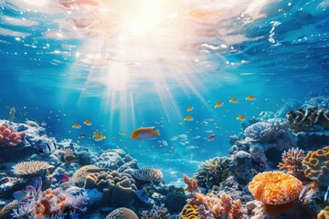 Underwater - Blue Tropical Seabed With Reef And Sunbeam. Beautiful simple AI generated image