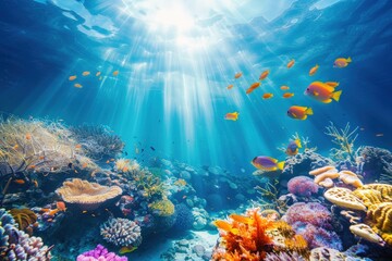 Obraz premium Underwater - Blue Tropical Seabed With Reef And Sunbeam. Beautiful simple AI generated image