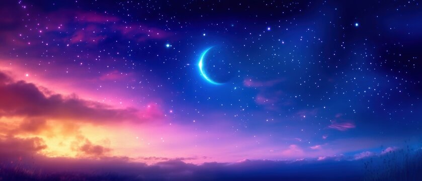 A serene night sky filled with stars, a glowing crescent moon, and vibrant hues of purple and orange creating a magical atmosphere.