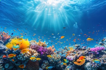 Fototapeta na wymiar Underwater - Blue Tropical Seabed With Reef And Sunbeam. Beautiful simple AI generated image
