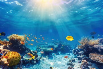 Underwater - Blue Tropical Seabed With Reef And Sunbeam. Beautiful simple AI generated image