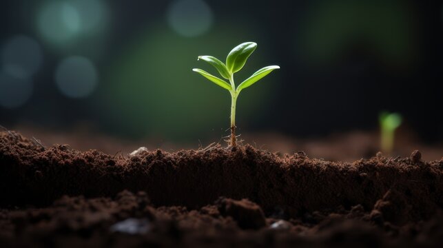 Close-up of a young sprout emerging from rich, 