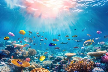 Underwater - Blue Tropical Seabed With Reef And Sunbeam. Beautiful simple AI generated image