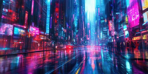 Obraz premium Rainy city street with neon lights reflecting on wet pavement.