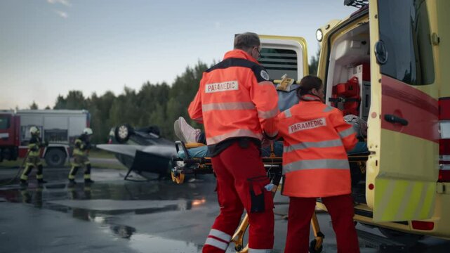 Emergency Services Medical Crew Running with Patient on a Stretcher to the Ambulance. Horrific Traffic Accident with an Upside Down Vehicle. Firefighters Start to Extinguish the Fire. Handheld Footage