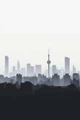 Fototapeta premium Cityscape with iconic tower and tall buildings silhouetted