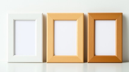 Three wooden frames are lined up on a white surface. The frames are different colors, with one being white, one being brown, and one being a mix of both. The frames are empty