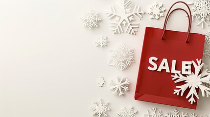 A vibrant display features the word SALE crafted from white sparkly snowflakes against a light background, accompanied by a red shopping bag on the side, perfect for holiday sales