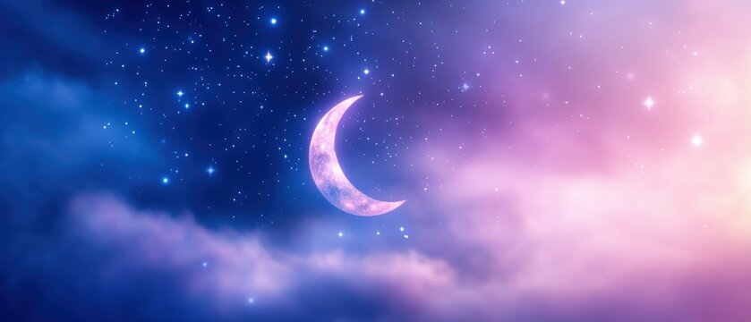 Beautiful crescent moon surrounded by colorful clouds and twinkling stars in a dreamy night sky. - Powered by Adobe