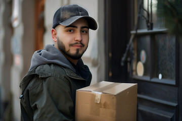 Delivery service in work, courier person guy delivering package straight to client house, Generative AI