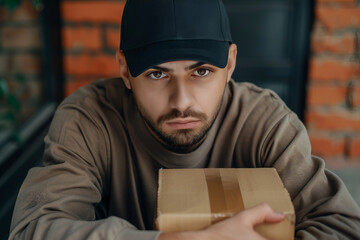 Delivery service in work, courier person guy delivering package straight to client house, Generative AI