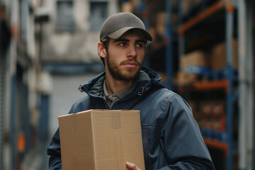 Delivery service in work, courier person guy delivering package straight to client house, Generative AI