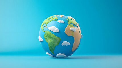 3D illustration of the Earth sits on a blue background. The globe features a simplified map of continents and oceans, with white clouds and green landmasses.