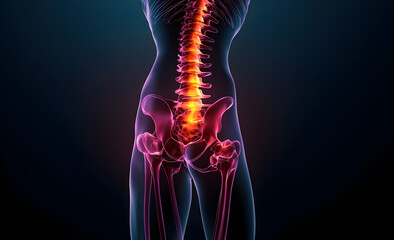 A spine and back pain illustration is displayed at the back of the page with copy space