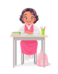 Cute little Arab school girl in uniform sitting at the desk and studying. Cartoon vector illustration isolated on white background.