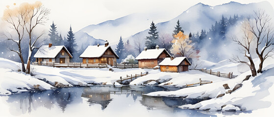 Snow river landscape in watercolor3