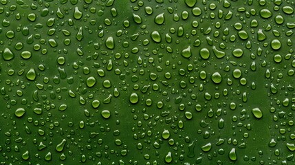 On a rainy spring day, water droplets cling to a glass window, creating a beautiful, textured view of a lush green tree, embodying the essence of nature in springtime