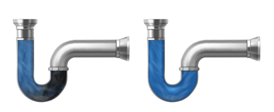 Clogged and clean drain pipes set isolated on white background. Vector realistic illustration of metal tube with clear blue water and drainage dirt, plumbing service ads, household detergent effect