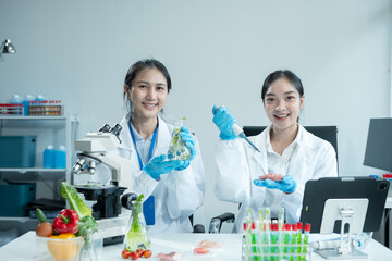 Team Microbiologists Analyzing Molecular Samples in Advanced Food Science Laboratory, Dietitian food and medicine.