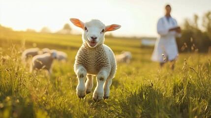 Lovely cute baby sheep jumping and playing with veterinarian at domestic farm. Vet taking care of lambs. copy space for text.