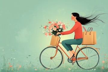 Woman in red sweater biking with flowers and bags