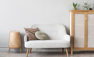 View of modern scandinavian style interior with chair and trendy vase, Home staging and minimalism concept