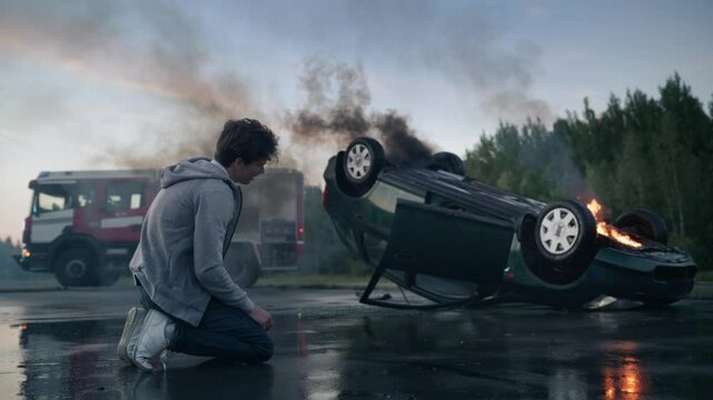 Distressed Young Driver Sitting on the Side of the Road, Crying, Can't Believe He Survived a Horrific Traffic Accident. His Compact Car Lying Upside Down on Asphalt, Bursting with Flames