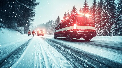 Emergency Services Respond to Road Accident on Snowy Mountain Road in Blizzard Conditions.