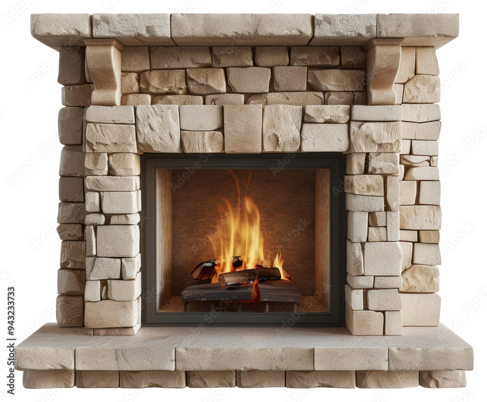 Poster png cozy stone fireplace with fire