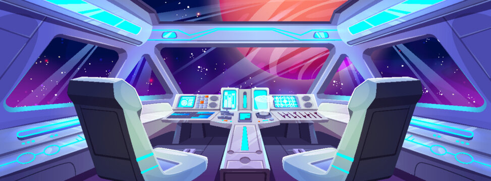Spaceship cockpit interior. Vector cartoon illustration of space shuttle cabin flight in night sky, pilot seats, computer dashboard with buttons and displays, planet and stars seen through windshield