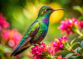 Fototapeta premium Vibrant hummingbird perches on delicate pink flower petals, its iridescent feathers glistening in sunlight as it sips nectar amidst lush green foliage in a tropical paradise.