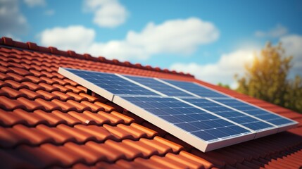 Modern solar panel array on a red sloped roof, 