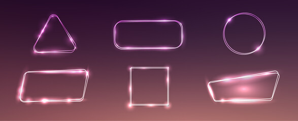 Set of neon double frames with shining effects