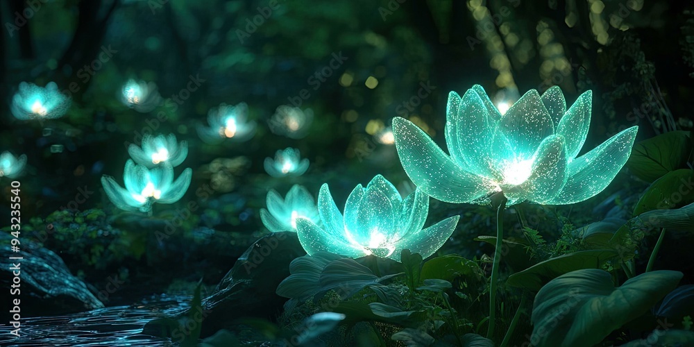 Canvas Prints glowing blue flowers in a dark forest.