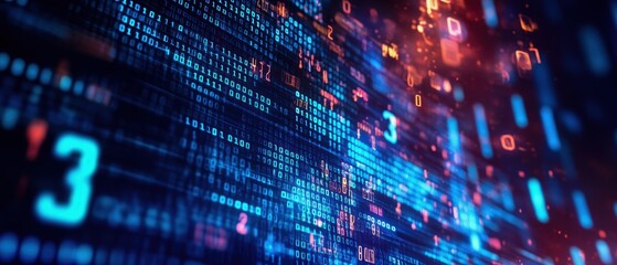 Vibrant digital data stream with glowing numbers and binary codes, representing technology and data analysis.