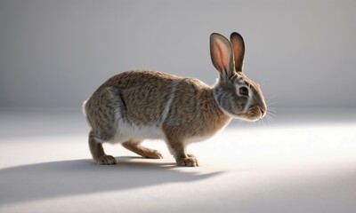 Obraz premium A brown and white rabbit is currently standing on a white surface