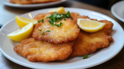 77. A plate of German schnitzel with lemon wedges