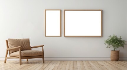 Minimalist Living Room Interior with Empty Frames and Tan Armchair