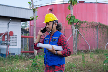 Construction workers report to their superiors via voice call at the project site, construction worker concept.
