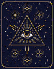 Poster with with all seeing eye, eye of providence in pyramid. Concept of harmony of universe, wisdom, secret knowledge, extended mind. Mystical boho illustration in vintage style.