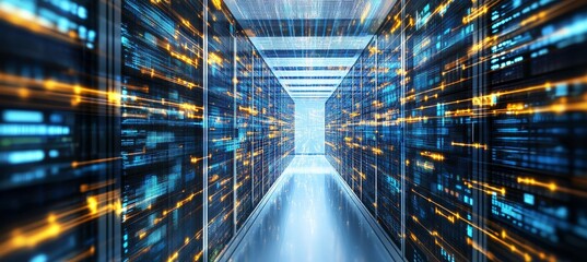 Data Center Corridor with Rows of Server Racks, Big Data Concept, Futuristic Technology Background