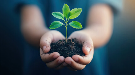 kid's hands nurturing a small plant in loose earth.