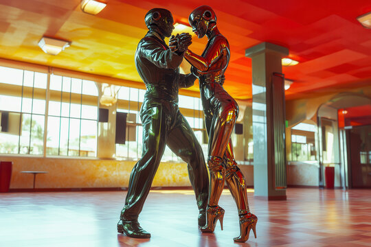 Male and female humanoid robots dancing tango in a dance hall, AI generated