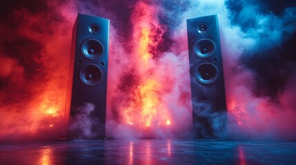 Dynamic speakers illuminated by colorful lights and smoke during a music event