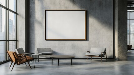 Rectangular frame poster mockup and empty concrete wall in the waiting room of the hospital with modern scandinavian style furniture and big window, loft interior decoration.