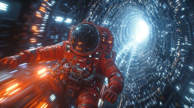Astronaut traveling through a futuristic wormhole in a vibrant cosmic environment