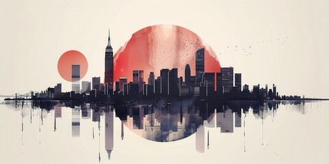 Obraz premium Trendy minimalistic cityscape poster featuring a skyline with geometric elements and vibrant colors representing urban life