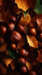 Autumn Close-up: Brown Hazelnuts and Colorful Leaves in Seasonal Harmony